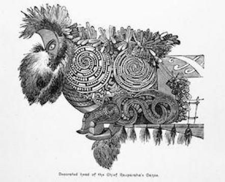 Decorated head of the Chief Rauparaha's (Te Rauparaha's) canoe [1890]