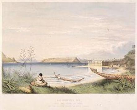 Rangihaeata's (Te Rangihaeata's) pah (pā) with the island of Mana and the opposite shore of Cook's Straights [1844].