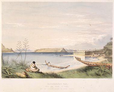 Rangihaeata's (Te Rangihaeata's) pah (pā) with the island of Mana and the opposite shore of Cook's Straights [1844]